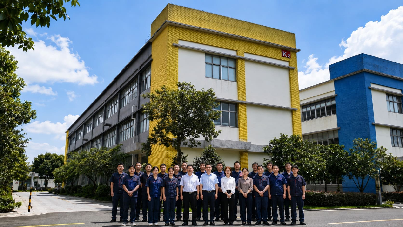 Factory team standing together outside the building