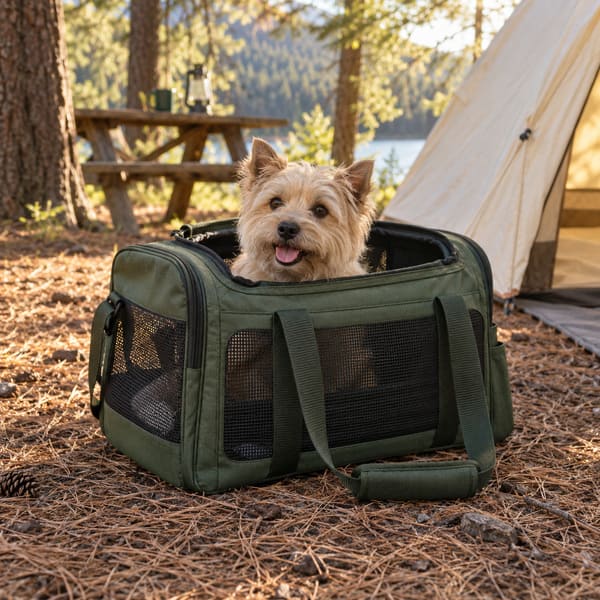 Dog inside an outdoor pet travel carrier