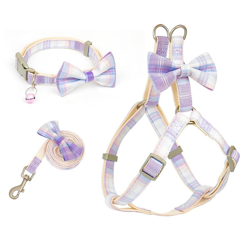 Lavender Plaid Bow Dog Collar, Harness And Leash Set