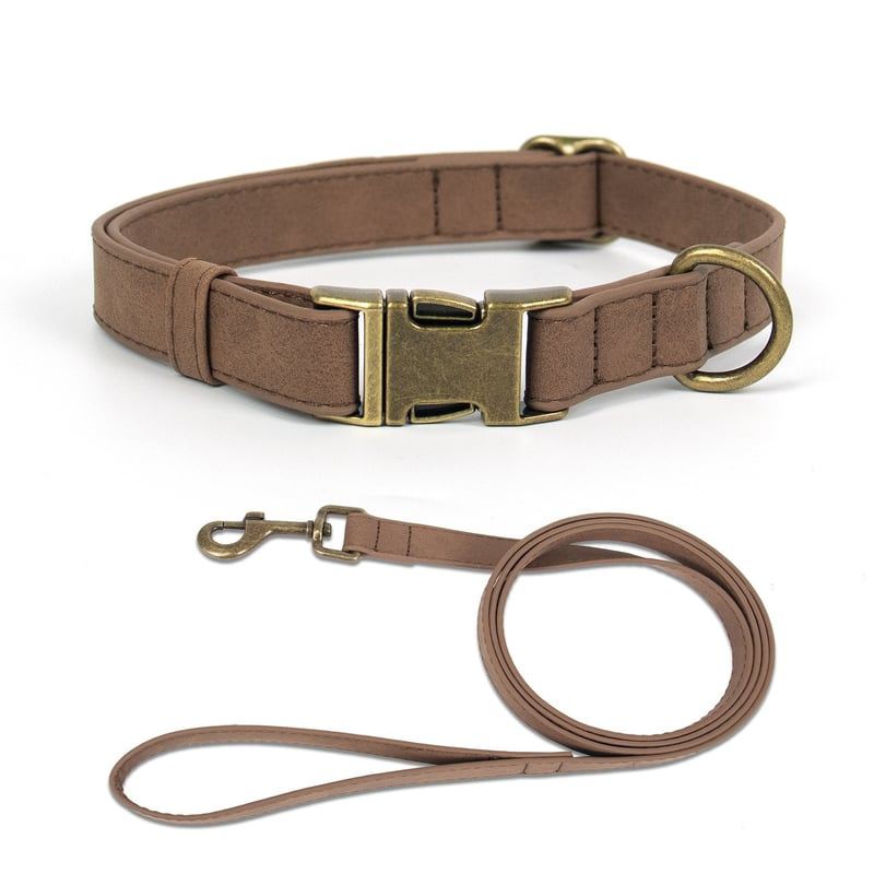 Coffee Brown Flat-Strap Dog Collar And Leash Set