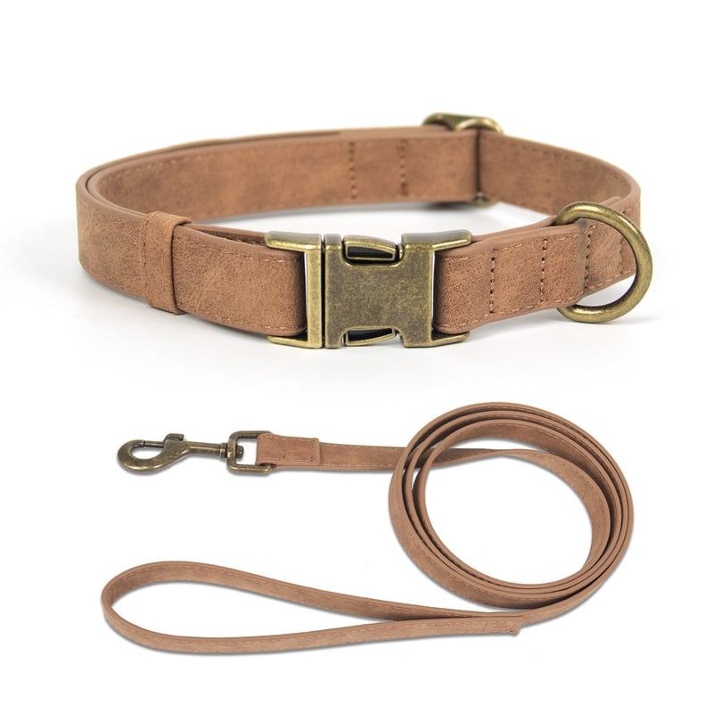 Light Tan Flat-Strap Dog Collar And Leash Set