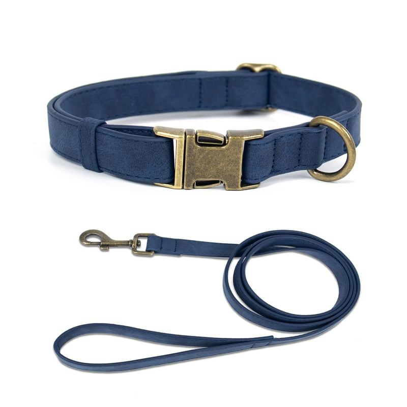 Navy Blue Flat-Strap Dog Collar And Leash Set