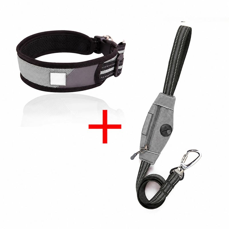 Stone Gray Padded Dog Collar And Leash Set With Storage Pocket
