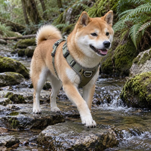Dog wearing a harness near a river