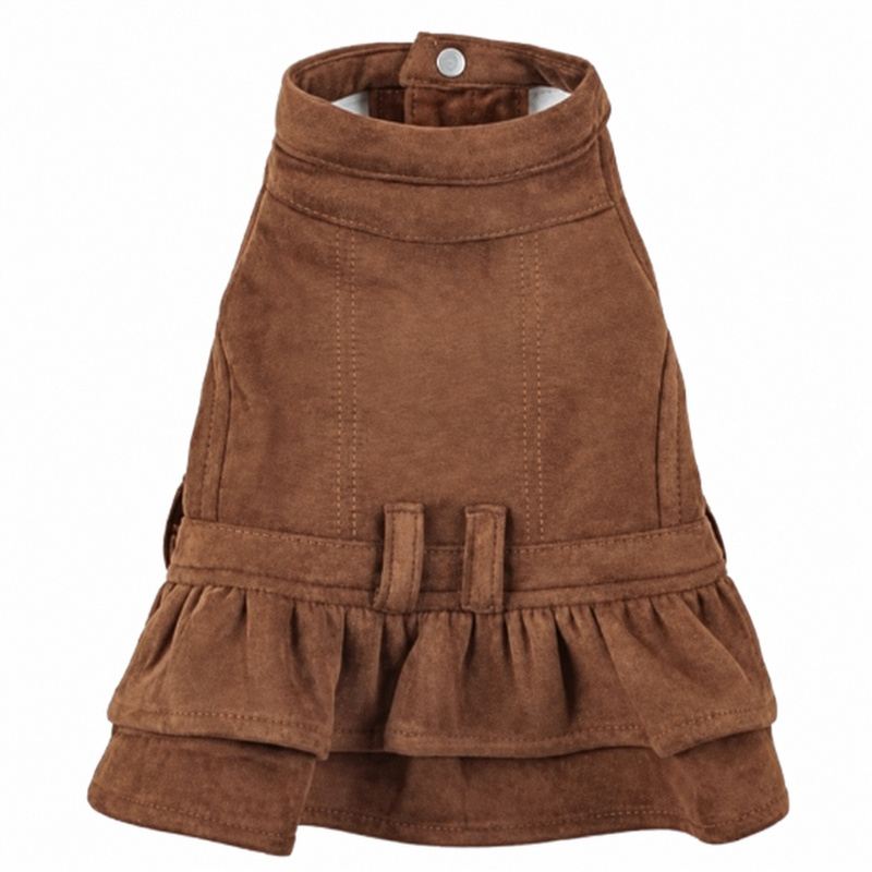 Brown Suede-Look Dog Dress with Ruffle and Bow