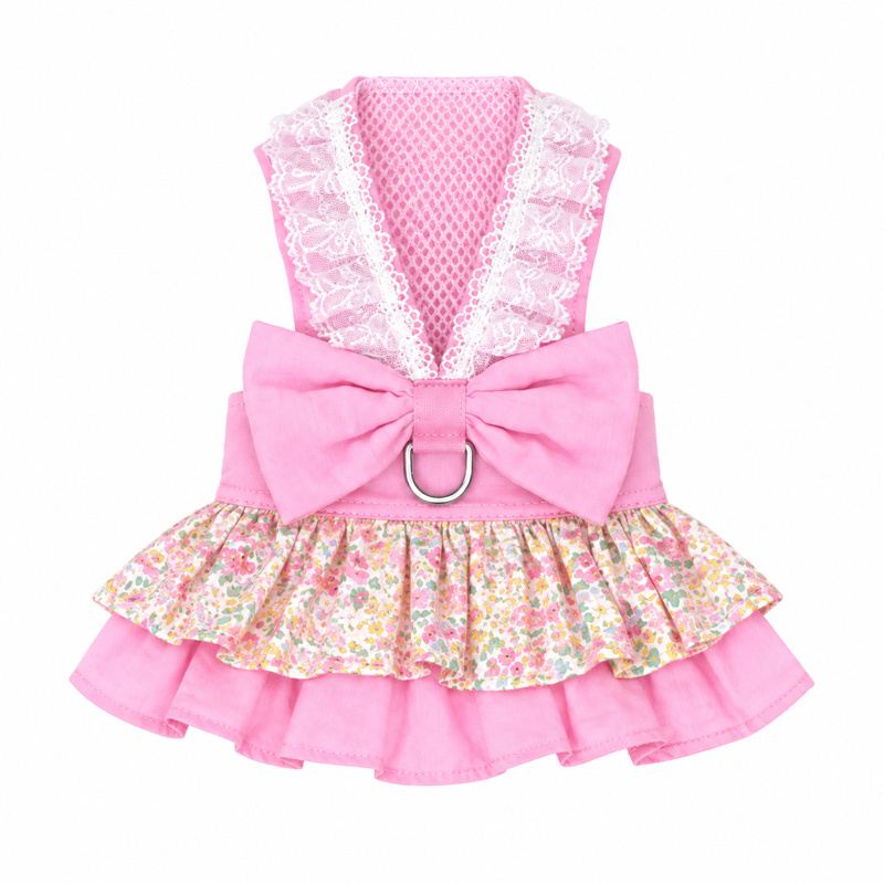 Pink Floral Dog Dress with Lace and Bow