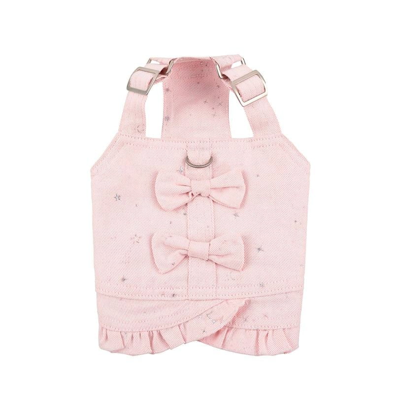 Pink Star Dog Bib Dress with Double Bows and Ruffled Hem
