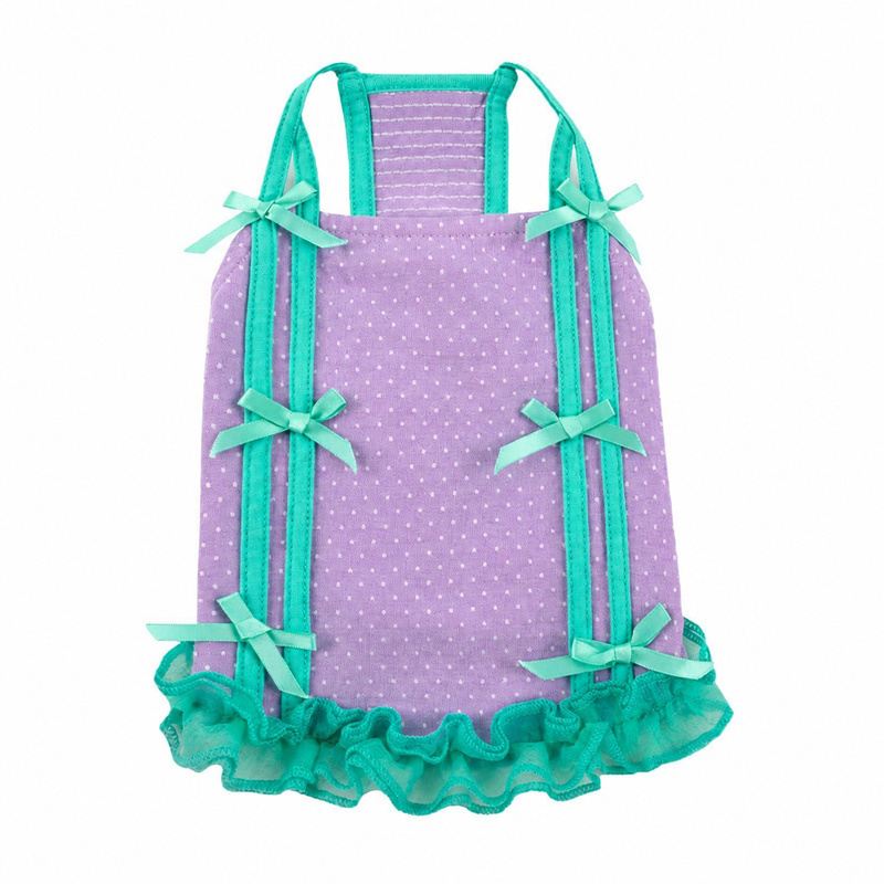 Purple Dot Mesh Dog Dress with Mint Bows