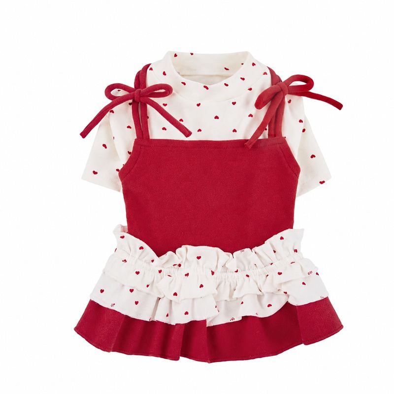 Red Heart-Print Dog Dress with Layered Skirt
