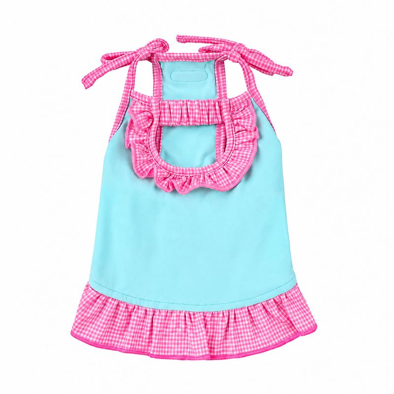 Turquoise Dog Dress with Pink Gingham Ties and Hem
