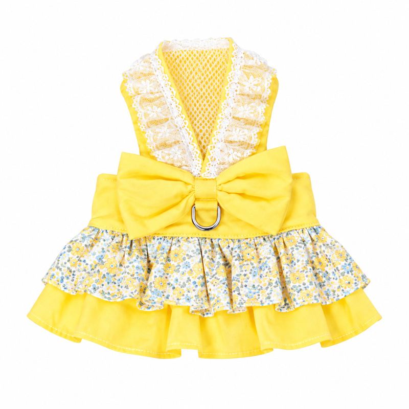 Yellow Floral Dog Dress with Lace and Bow