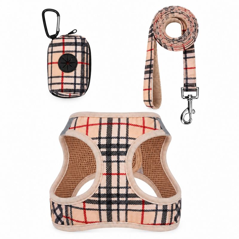 Beige Plaid Dog Harness, Leash And Waste Bag Holder Set