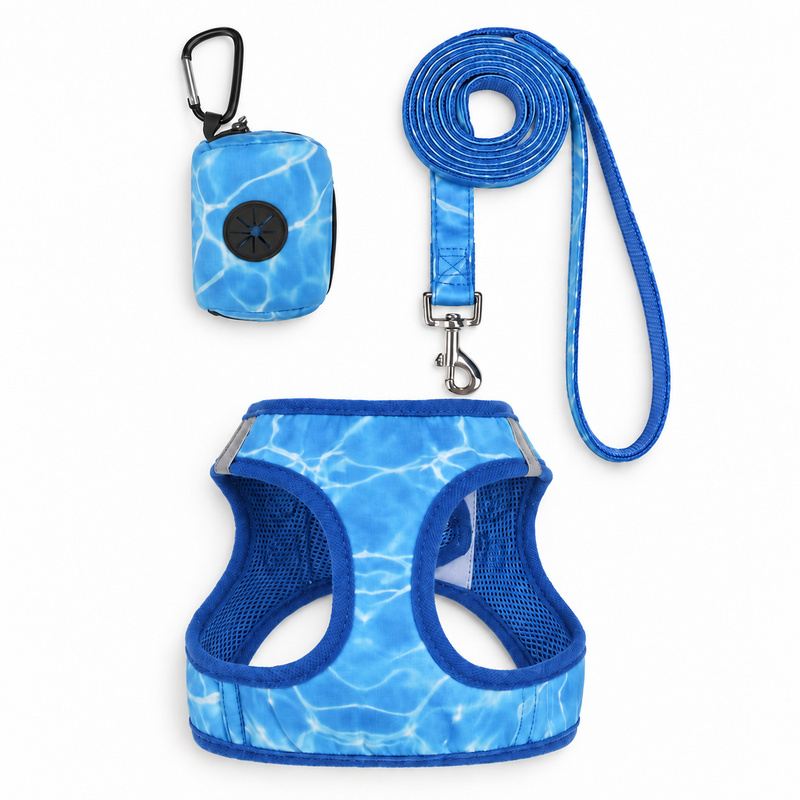 Blue Water Dog Harness, Leash And Waste Bag Holder Set