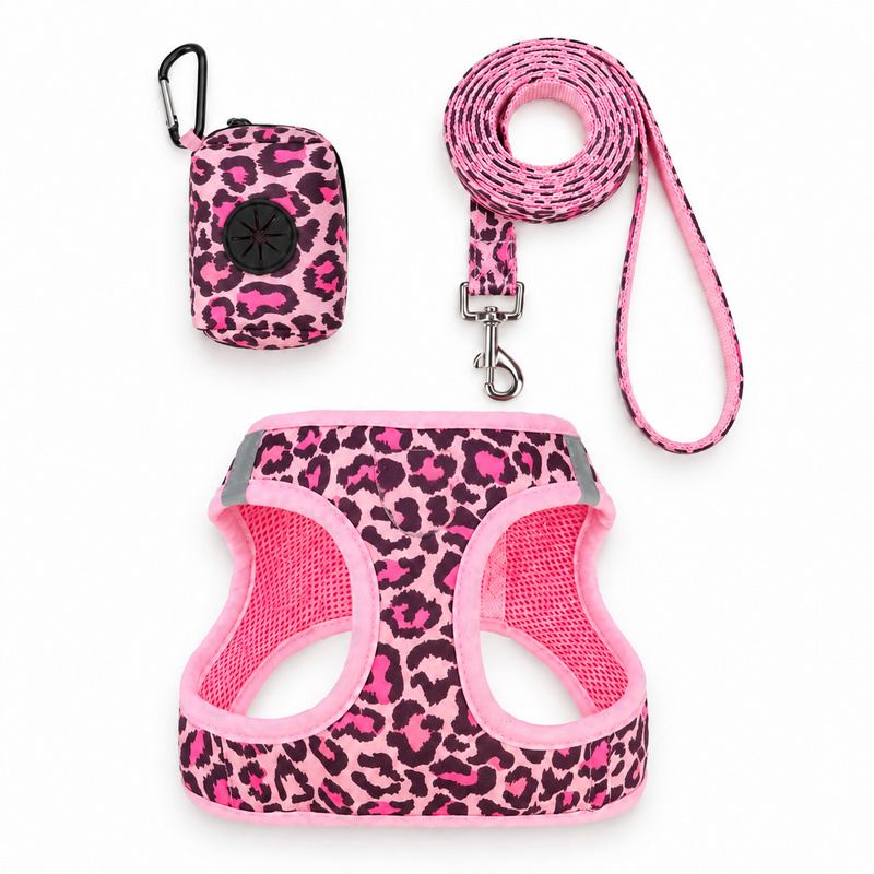 Pink Leopard Dog Harness, Leash And Waste Bag Holder Set
