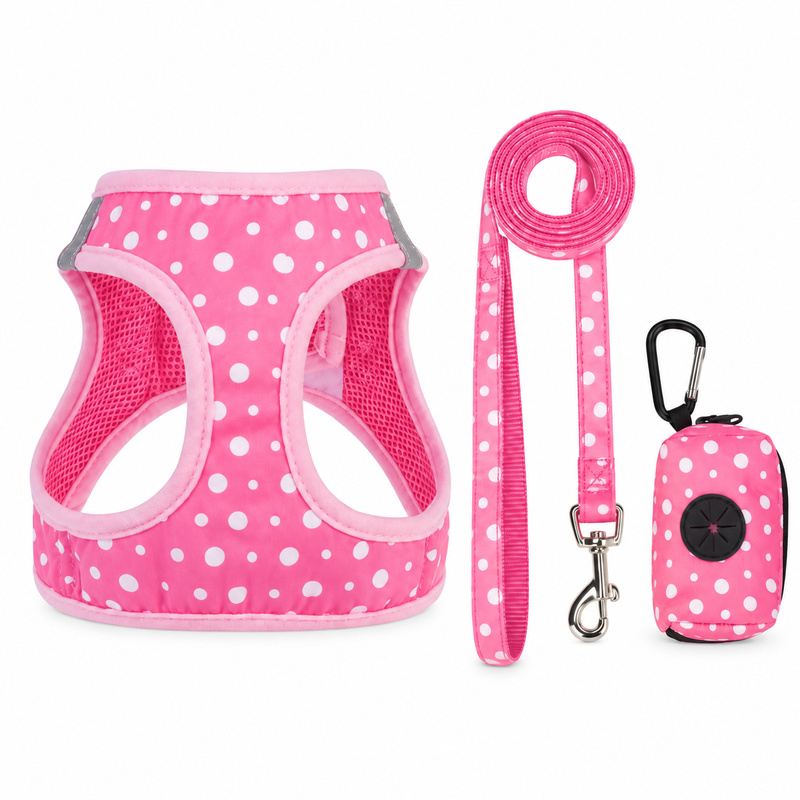 Pink Polka Dot Dog Harness, Leash And Waste Bag Holder Set