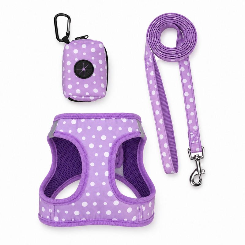 Purple Polka Dot Dog Harness, Leash And Waste Bag Holder Set