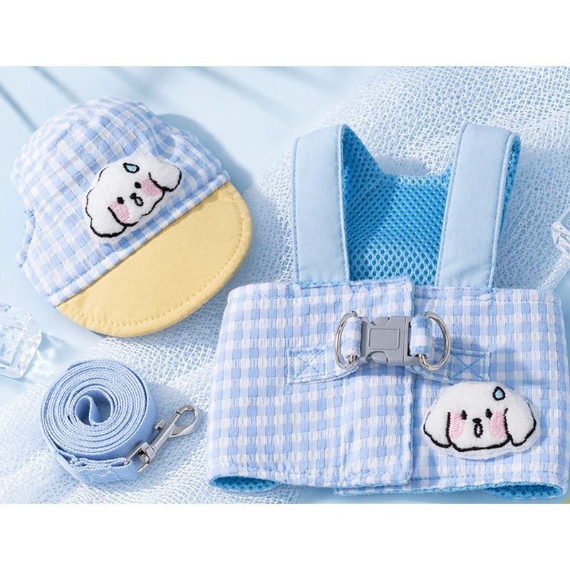 Blue Gingham Dog Vest Harness, Leash And Cap Set