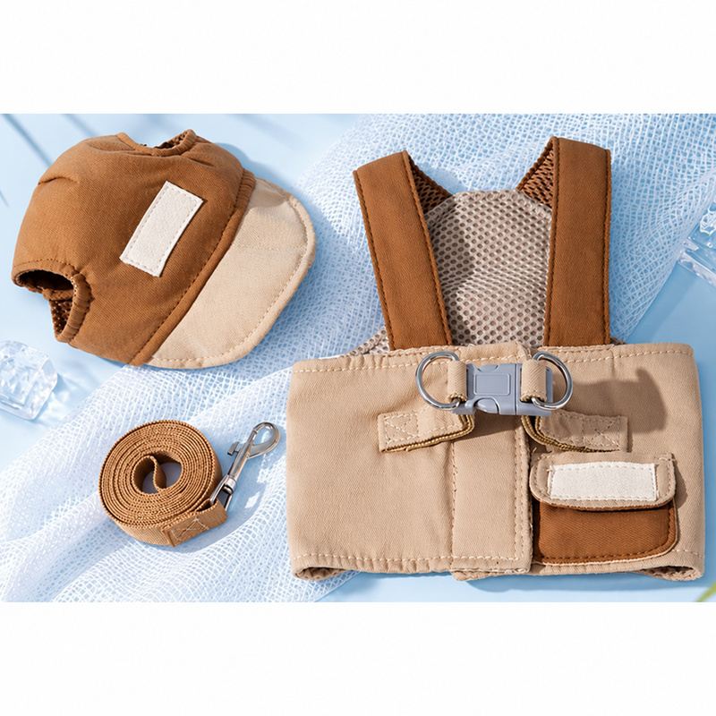 Brown Dog Vest Harness, Leash And Cap Set