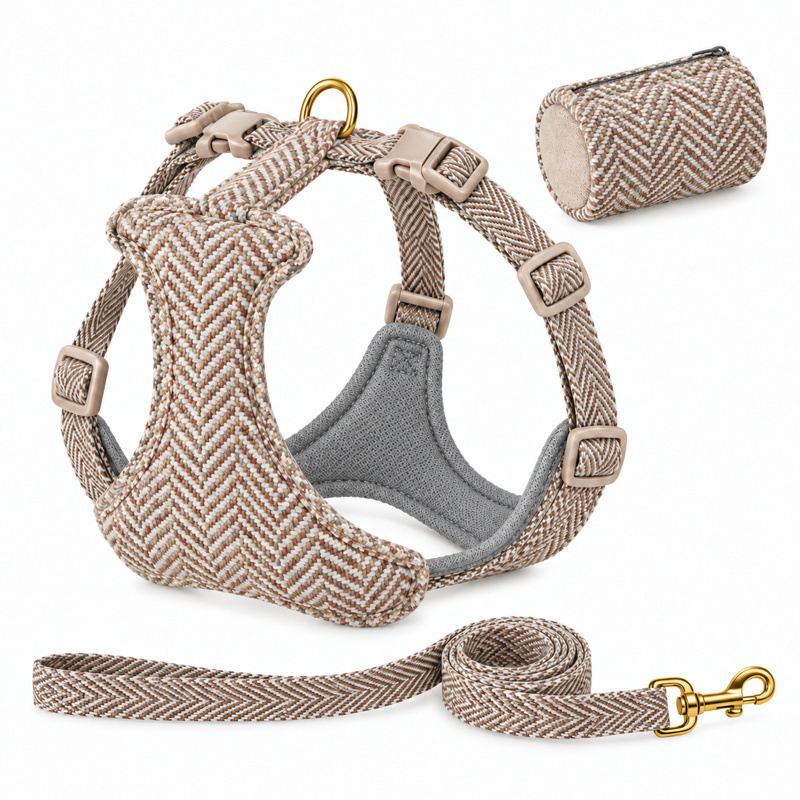 Beige Herringbone Dog Harness, Leash And Pouch Set