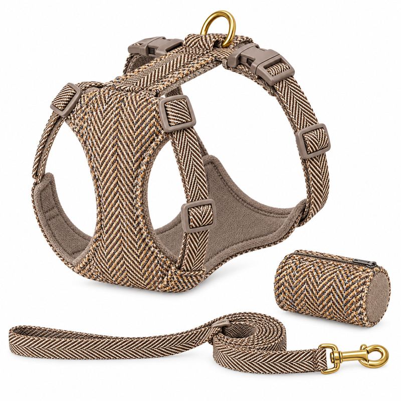 Brown Herringbone Dog Harness, Leash And Pouch Set