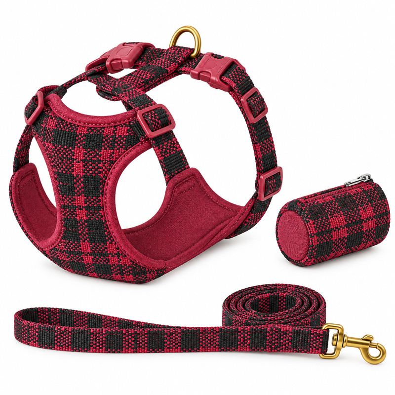 Burgundy Plaid Dog Harness, Leash And Pouch Set