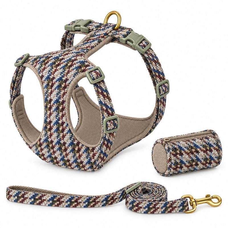 Earth-Tone Plaid Dog Harness, Leash And Pouch Set