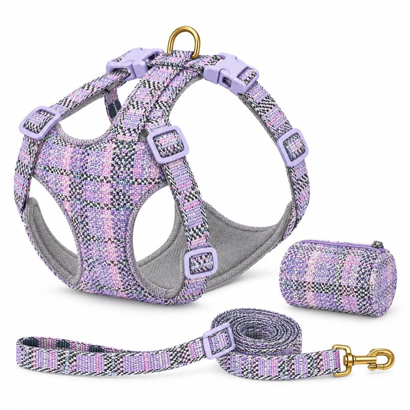 Lavender Plaid Dog Harness, Leash And Pouch Set