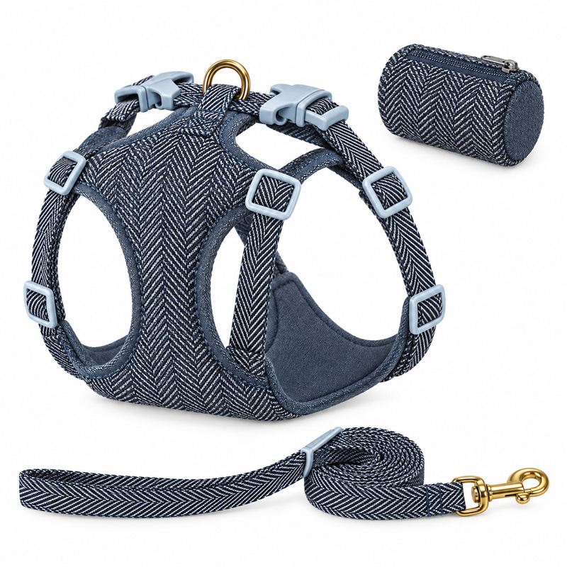 Navy Herringbone Dog Harness, Leash And Pouch Set