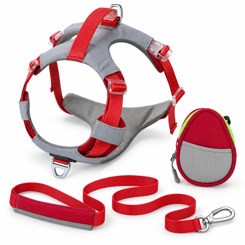 Red And Gray Dog Harness, Leash And Pouch Set