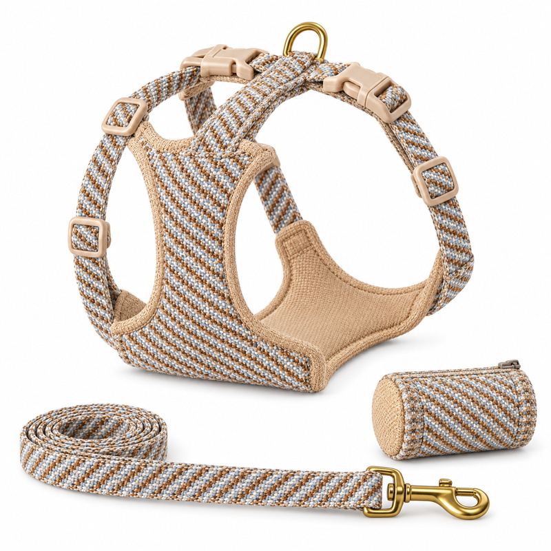 Tan Stripe Dog Harness, Leash And Pouch Set