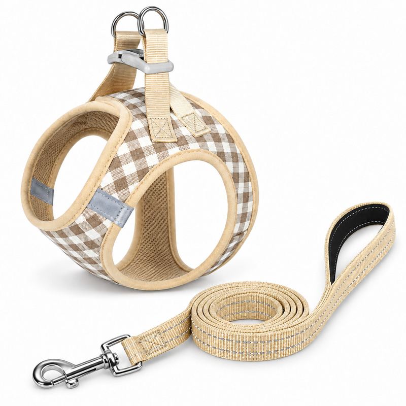 Beige Check Step-In Dog Harness And Leash Set