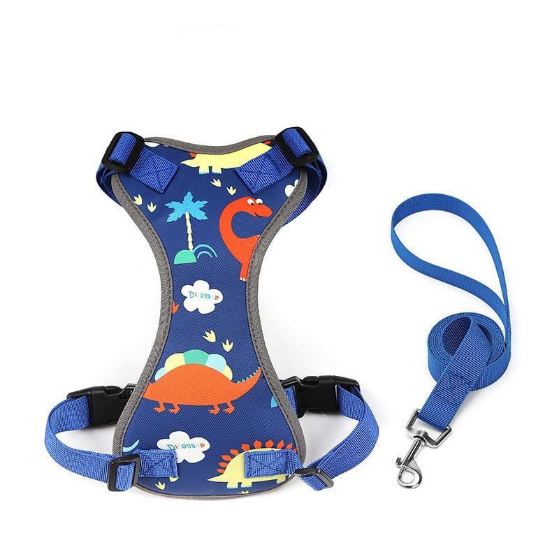 Blue Dinosaur Print Dog Harness And Leash Set
