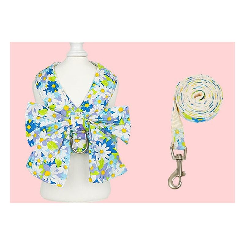 Blue Mixed-Floral Bow Vest Dog Harness And Leash Set