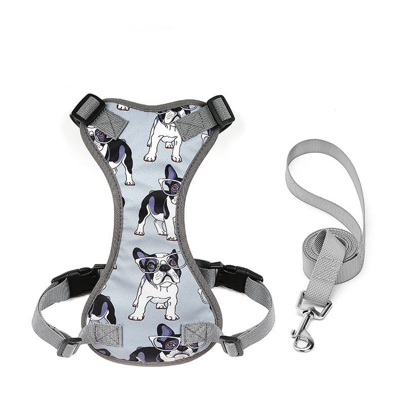 Gray Bulldog Print Dog Harness And Leash Set