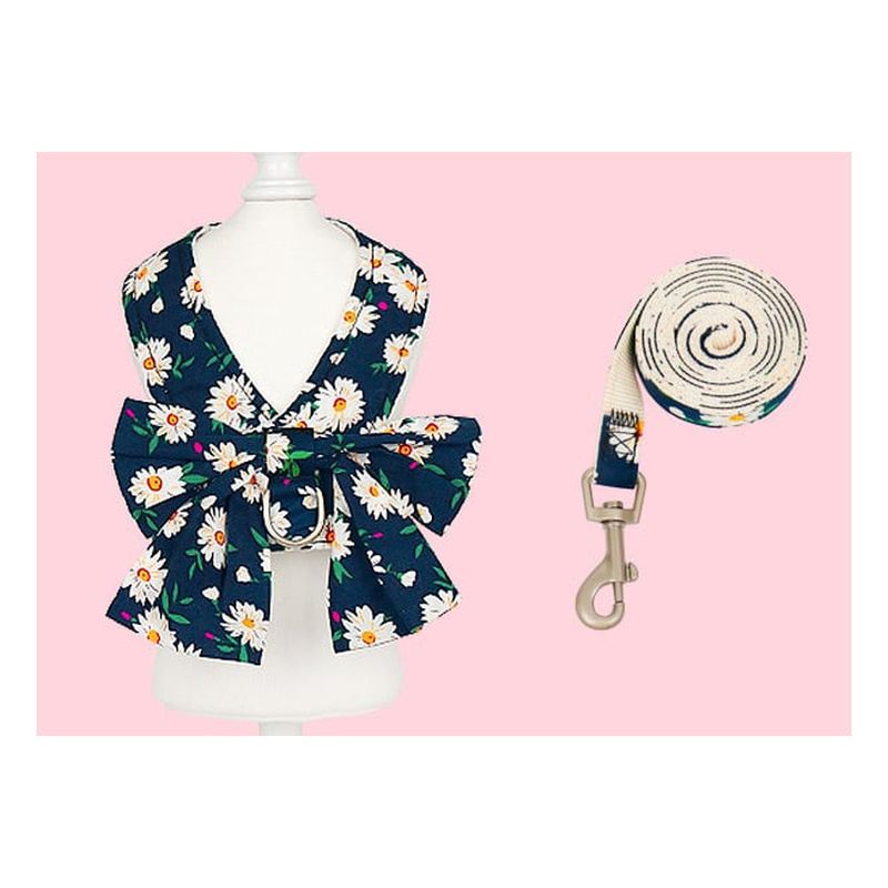 Navy Daisy Bow Vest Dog Harness And Leash Set