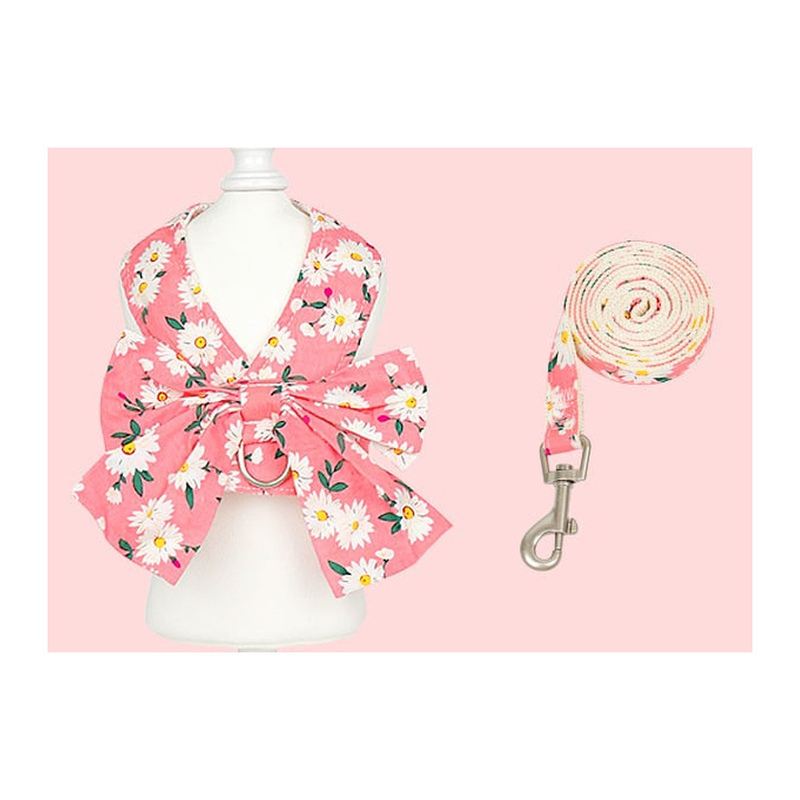 Pink Daisy Bow Vest Dog Harness And Leash Set