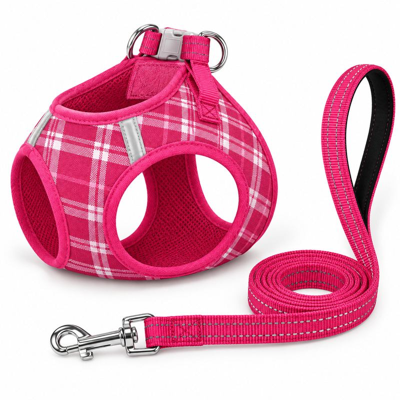Pink Plaid Step-In Dog Harness And Leash Set