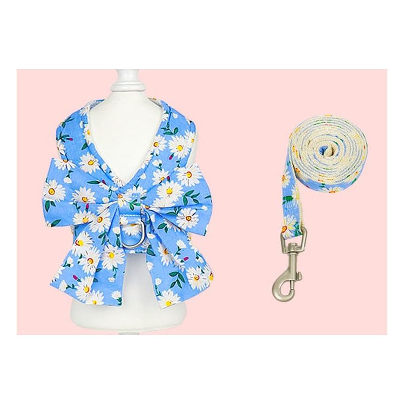 Sky Blue Daisy Bow Vest Dog Harness And Leash Set