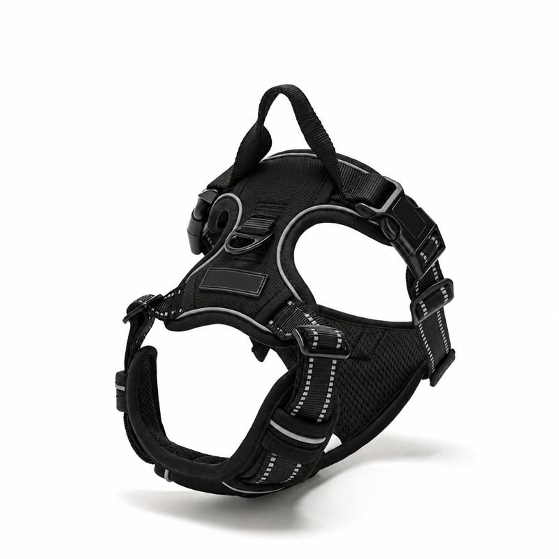 Black Padded Dog Harness with Handle and Striped Straps