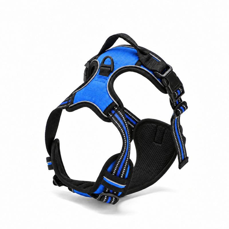Blue Padded Dog Harness with Handle and Striped Straps