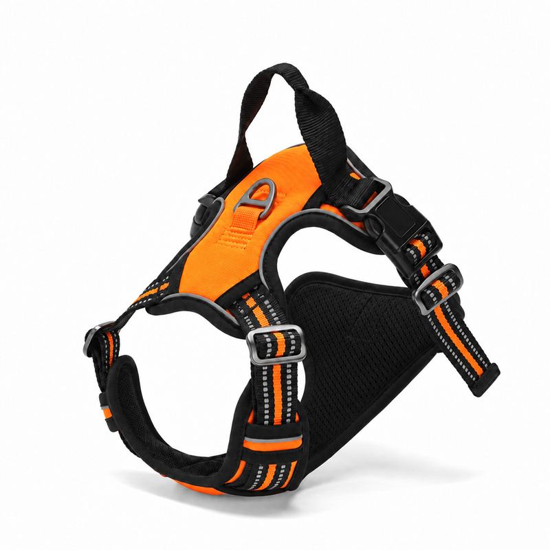 Orange Padded Dog Harness with Handle and Striped Straps