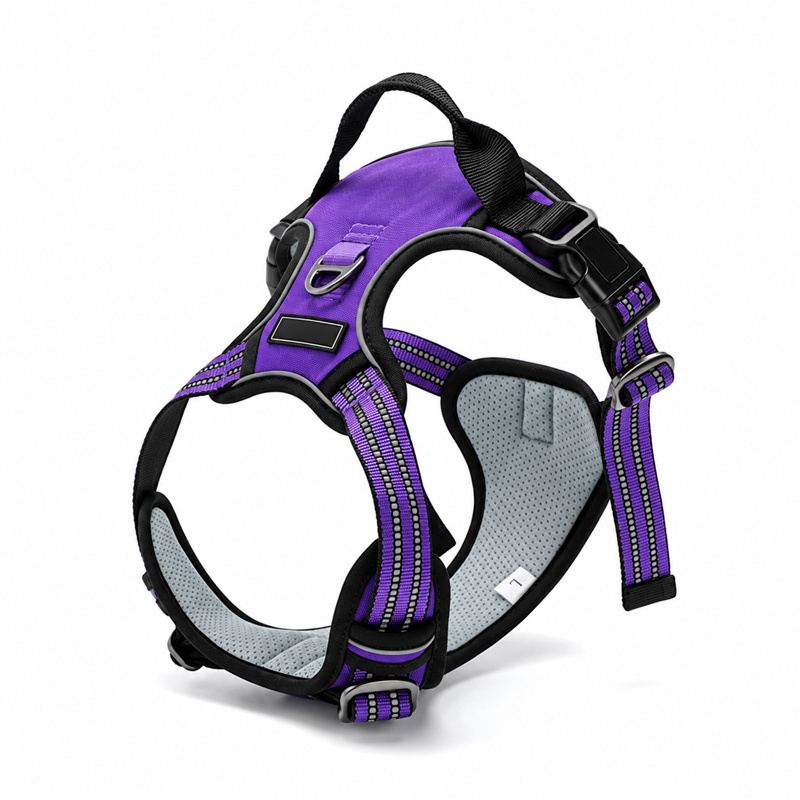 Purple Padded Dog Harness with Handle and Striped Straps
