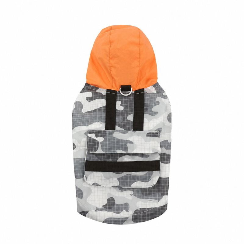 Gray Camouflage Dog Jacket with Orange Hood