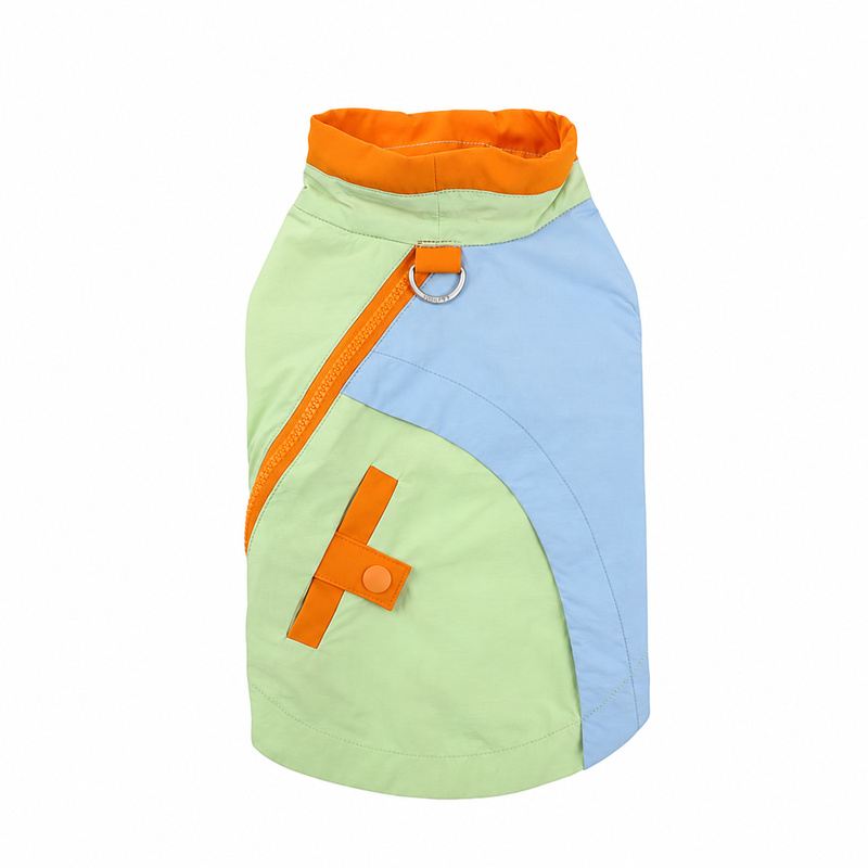 Sky Blue Dog Jacket with Orange Trim and Diagonal Zipper