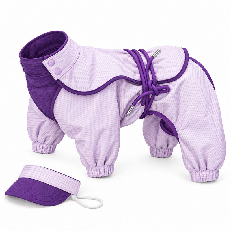 Lavender Dog Jumpsuit with Purple Trim and Matching Visor