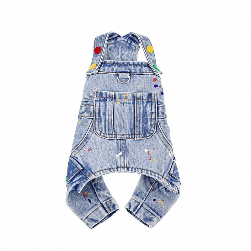 Blue Denim Dog Overalls with Paint-Splatter Pattern