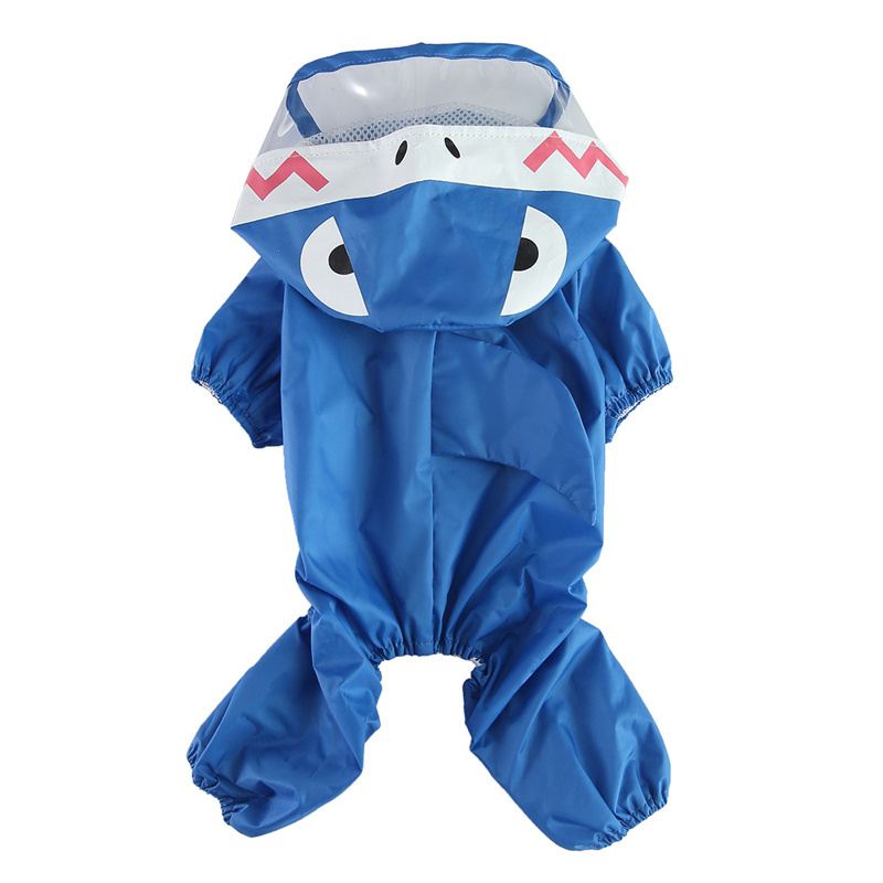 Blue Shark-Hood Dog Raincoat with Clear Visor