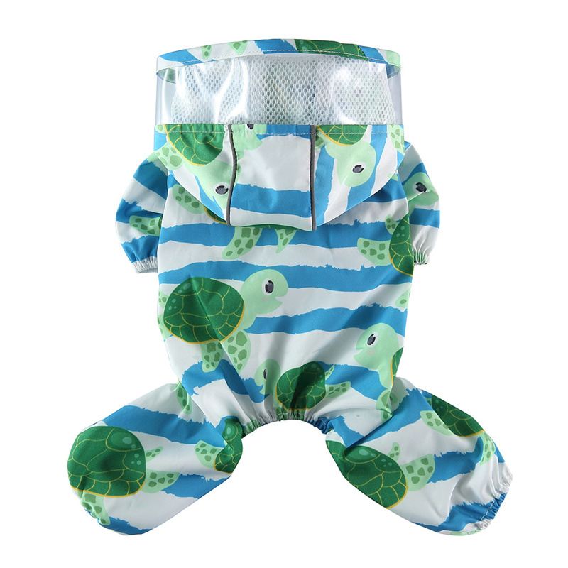 Blue Striped Turtle-Print Dog Raincoat with Clear Hood Brim