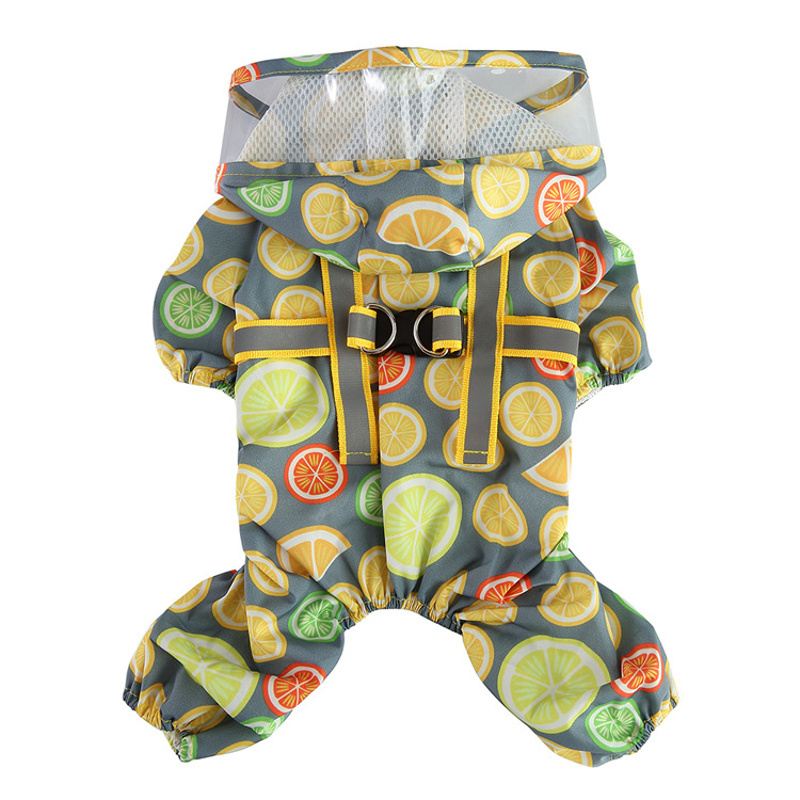Gray Lemon-Print Dog Raincoat with Clear Hood Brim