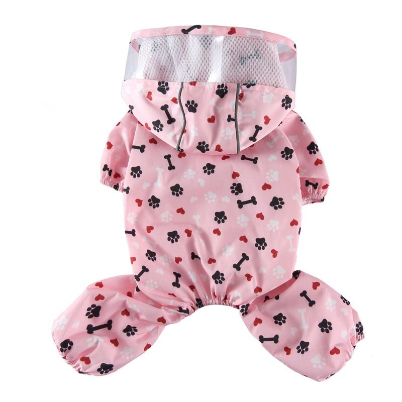 Pink Paw-And-Bone-Print Dog Raincoat with Clear Hood Brim